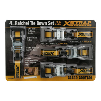 Xstrap brand 1.5” x 16' Tie-Downs Ratchet 1,100 lbs Work Load with DJ Hooks 4 - Pack