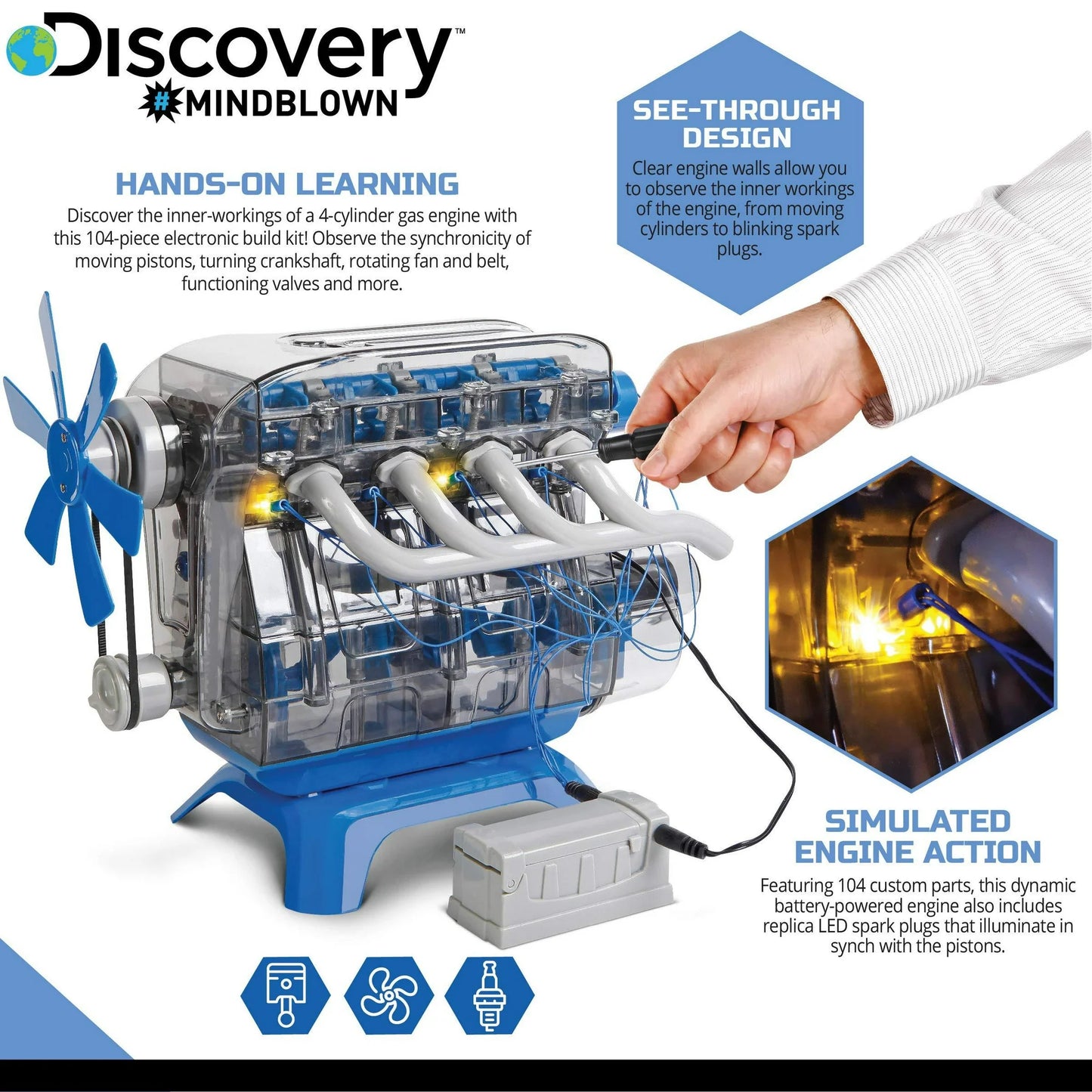 Discovery Kids MINDBLOWN Model Engine Kit DIY Mechanic Four Cycle Internal Combustion Assembly Construction Comes W Valves Cylinders Hardware More Encourages STEM Creativity Critical Thinking