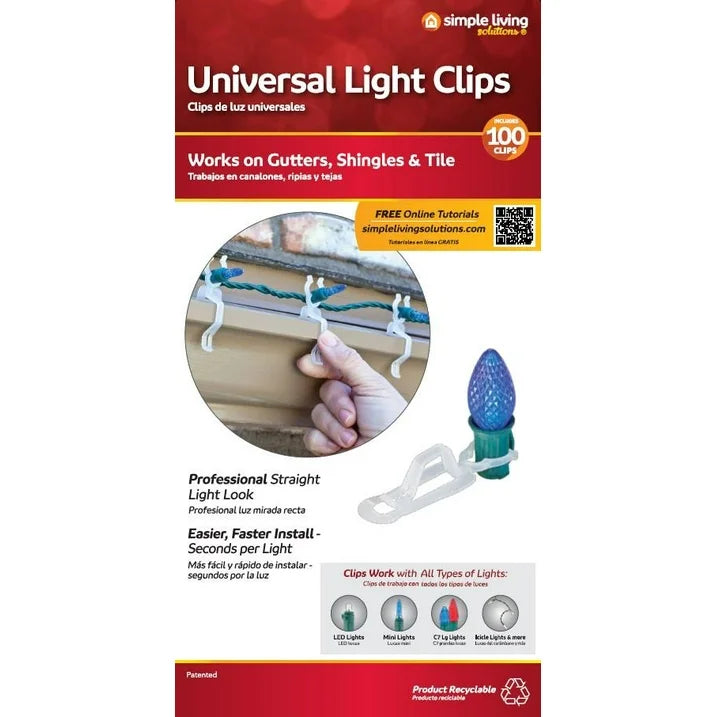 Simple Living Solution's Universal Light Clips, 100 Ct., Plastic Clips for Holiday Light Strands, Each Clip is 0.75in x 0.75in x 3.13in