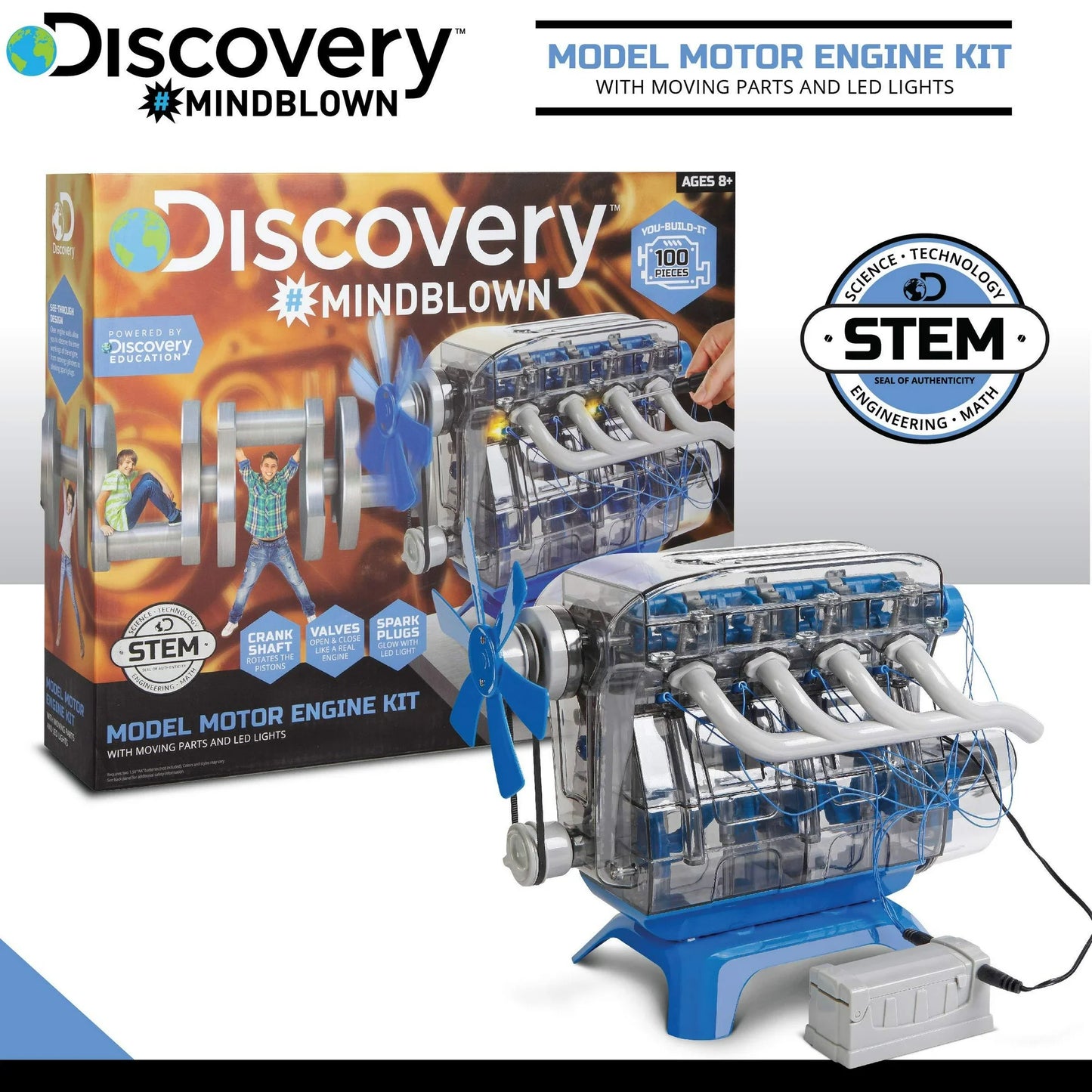 Discovery Kids MINDBLOWN Model Engine Kit DIY Mechanic Four Cycle Internal Combustion Assembly Construction Comes W Valves Cylinders Hardware More Encourages STEM Creativity Critical Thinking