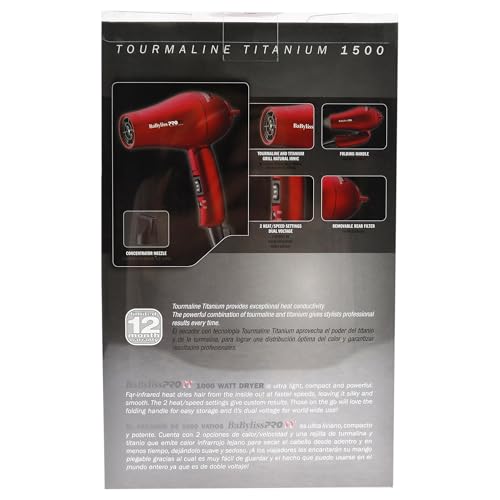 BaBylissPRO TT Tourmaline Titanium Travel Dryer, Red