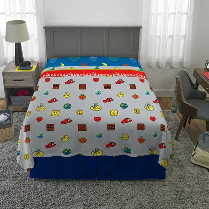 Super Mario Full Sheet Set, Gaming Bedding, Gray and Red, Nintendo