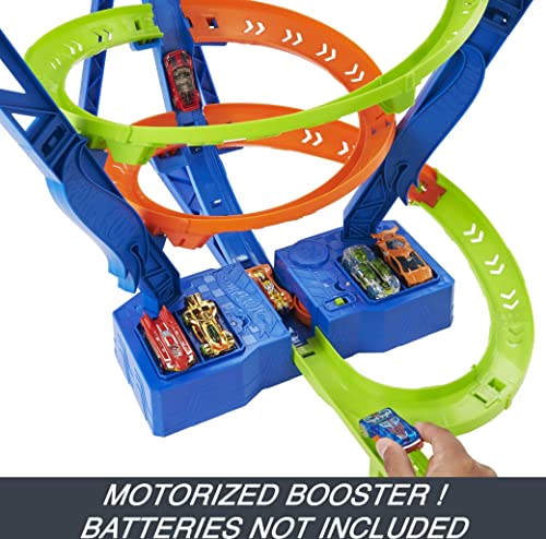 Hot Wheels Toy Car Track Set Spiral Speed Crash, Powered by Motorized Booster 29-in Tall Track with 1:64 Scale Toy Car