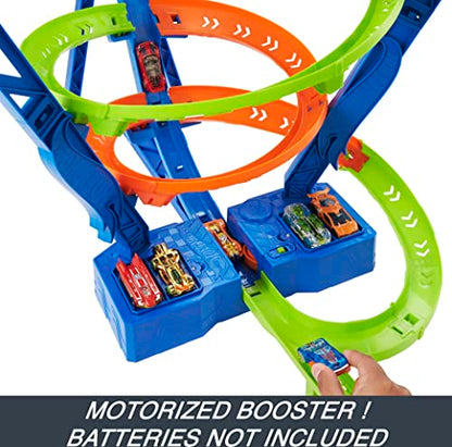 Hot Wheels Toy Car Track Set Spiral Speed Crash, Powered by Motorized Booster 29-in Tall Track with 1:64 Scale Toy Car