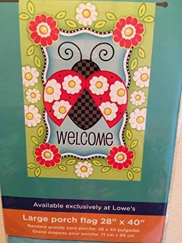 Large welcome porch flag 28" x 40" featuring a ladybug and flowers