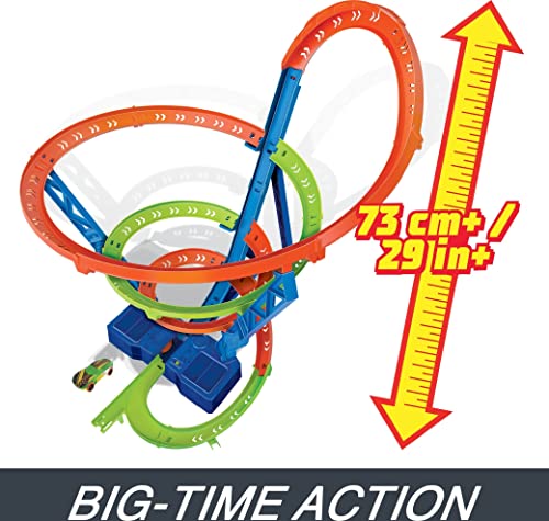 Hot Wheels Toy Car Track Set Spiral Speed Crash, Powered by Motorized Booster 29-in Tall Track with 1:64 Scale Toy Car