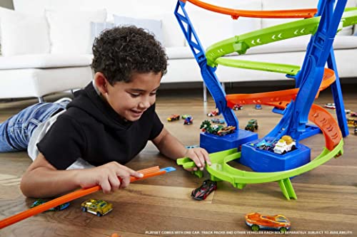 Hot Wheels Toy Car Track Set Spiral Speed Crash, Powered by Motorized Booster 29-in Tall Track with 1:64 Scale Toy Car