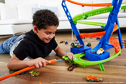 Hot Wheels Toy Car Track Set Spiral Speed Crash, Powered by Motorized Booster 29-in Tall Track with 1:64 Scale Toy Car