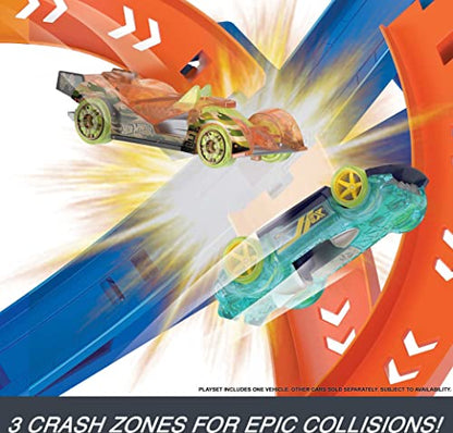 Hot Wheels Toy Car Track Set Spiral Speed Crash, Powered by Motorized Booster 29-in Tall Track with 1:64 Scale Toy Car