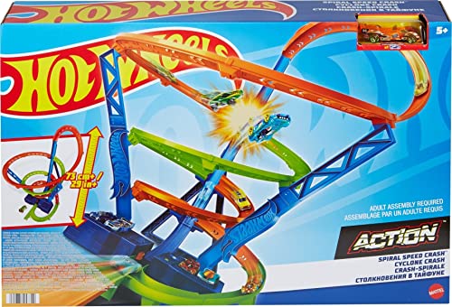 Hot Wheels Toy Car Track Set Spiral Speed Crash, Powered by Motorized Booster 29-in Tall Track with 1:64 Scale Toy Car