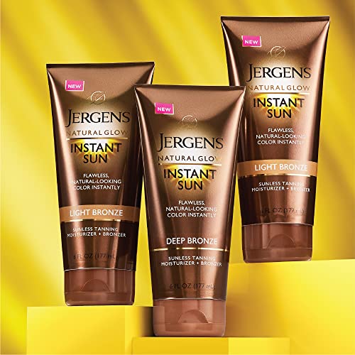 Jergens Natural Glow Instant Sun Sunless Tanning Moisturizer + Bronzer, Self Tanner, Deep Bronze, for Natural-Looking Tan, 6 Ounce