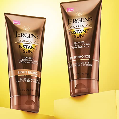 Jergens Natural Glow Instant Sun Sunless Tanning Moisturizer + Bronzer, Self Tanner, Deep Bronze, for Natural-Looking Tan, 6 Ounce