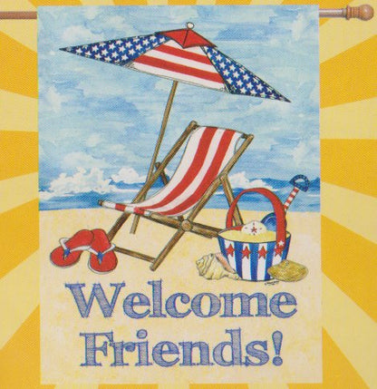 " Welcome Friends! " Large Flag 28 inch x 40 inch Beach Chair and Umbrella in Red, White and Blue