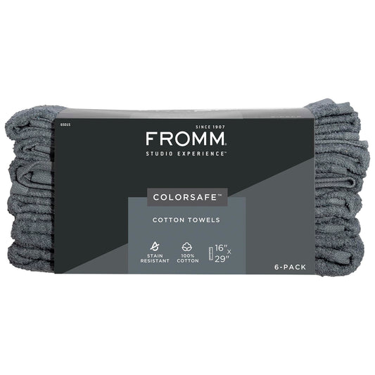 Fromm ColorSafe 100% Cotton Bleach Proof Salon Hair Towels for Hairstylists, Barbers, Spa, Gym in Grey, 16" by 29", 6 Count Absorbent Stain Resistant Towels for Drying Curly, Long, Wavy Hair