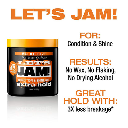 SoftSheen-Carson Let's Jam! Shining and Conditioning Hair Gel by Dark and Lovely, Extra Hold, All Hair Types, Styling Gel Great for Braiding, Twisting & Smooth Edges, Extra Hold, 14 oz