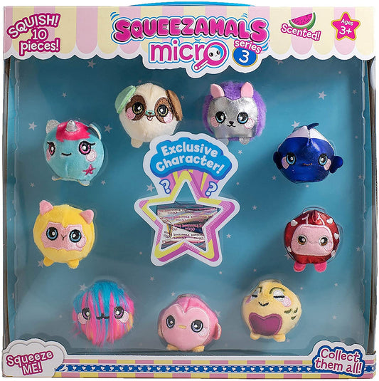 Squeezamals SQ00956 Mystery Black Box  11 Pieces Watermelon Scented Mystery Pack Collector Pack, 6 Exclusive Characters