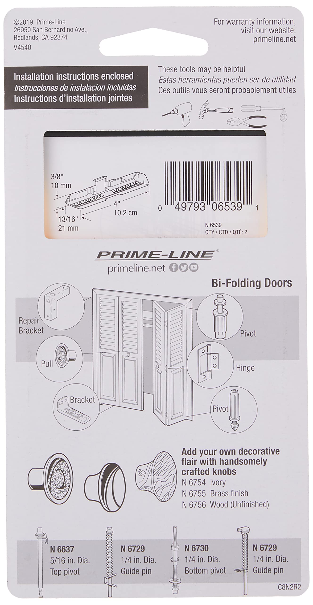 Prime-Line N 6539 7/8 In., White Nylon, Top Mount Bi-Fold Door Slide Guide, Acme (2 Pack)