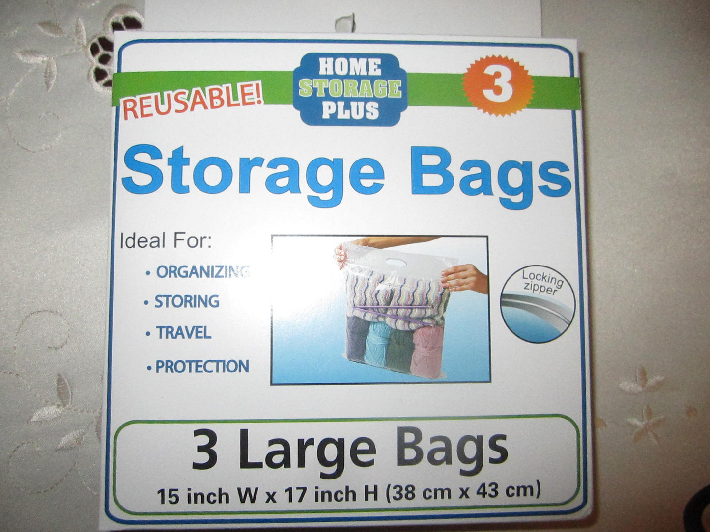 3 Large Reusable Storage Bags with Locking Zipper