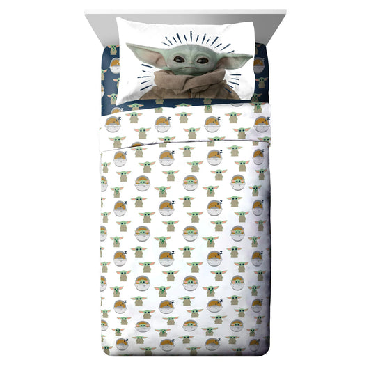 Baby Yoda Powerful Child 3-Piece Kids Twin/Full Sheet Set, Microfiber, White, Star Wars