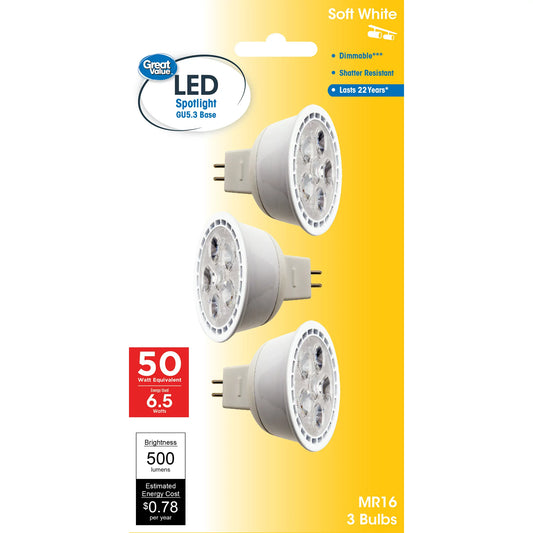 Great Value LED Light Bulb, 6.5W (50W Equivalent) MR16 Lamp GU5.3 Base, Dimmable, Soft White, 3-Pack