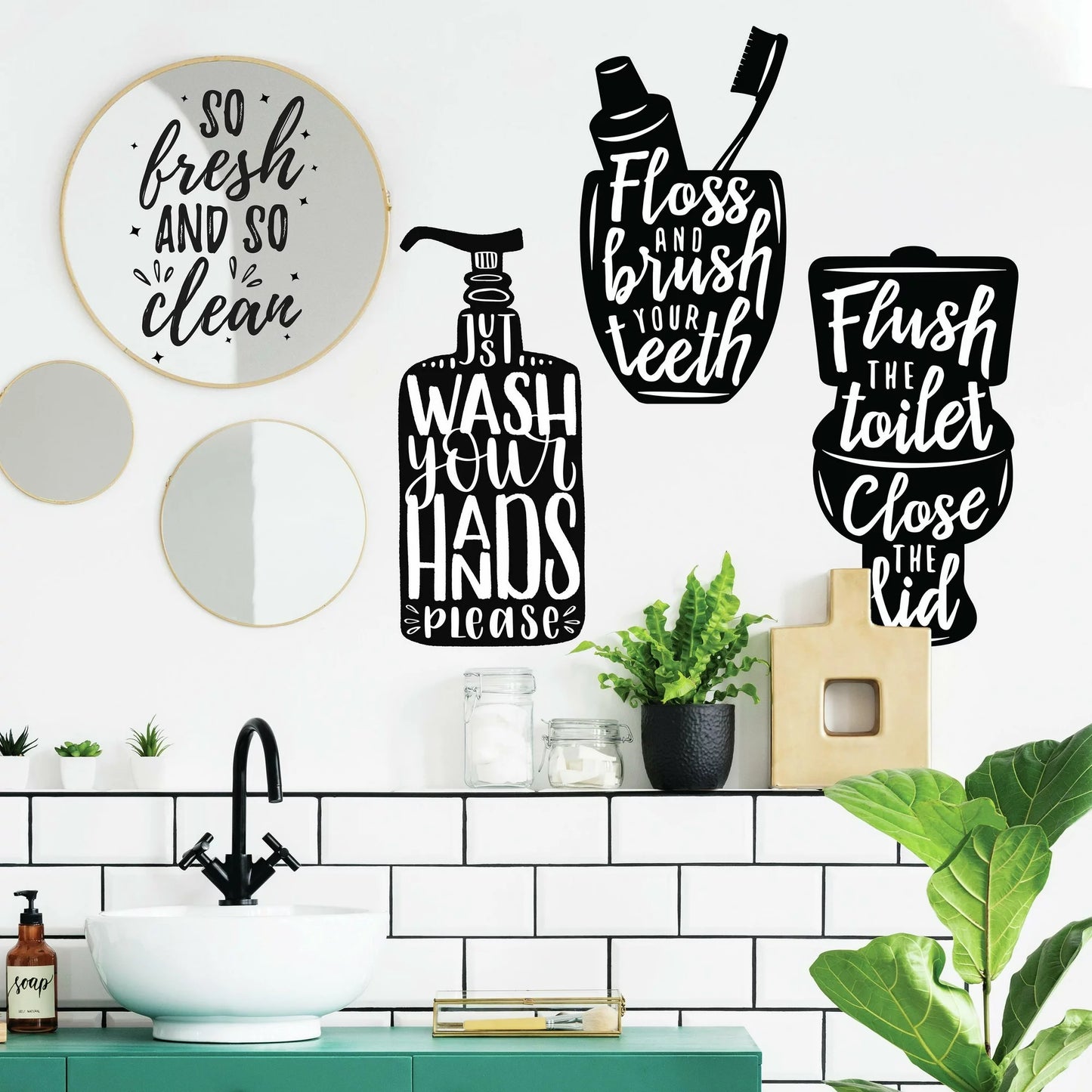 RoomMates Wash Your Hands Black Quote Peel and Stick Wall Decals, 7.42 in x 16.68 in, Adult