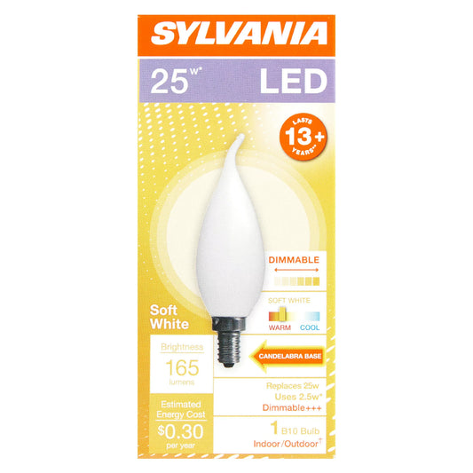 Sylvania LED Frosted B10, Candelabra Base, 25 watt Equivalent, Dimmable, Soft White, 165 Lumen LED Light Bulb