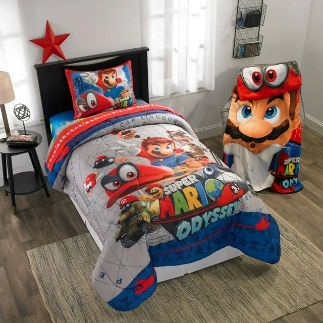 Super Mario Full Sheet Set, Gaming Bedding, Gray and Red, Nintendo