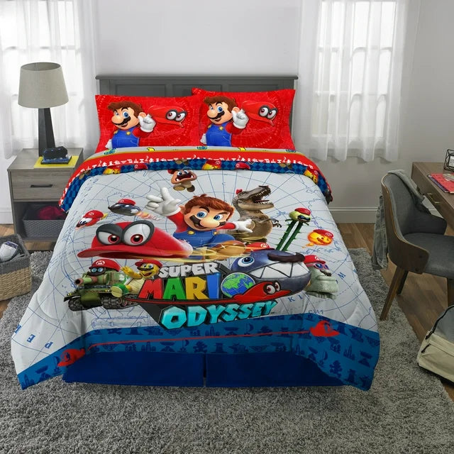 Super Mario Full Sheet Set, Gaming Bedding, Gray and Red, Nintendo