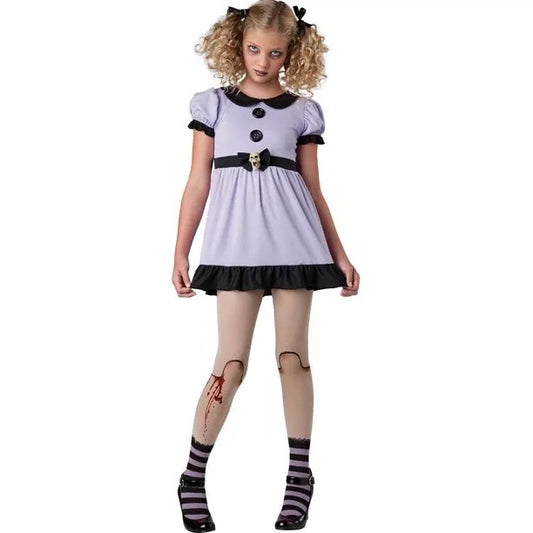 2pc Broken Doll Blood Tights Dead Goth Mini Dress Halloween Costume Tween S 8-10