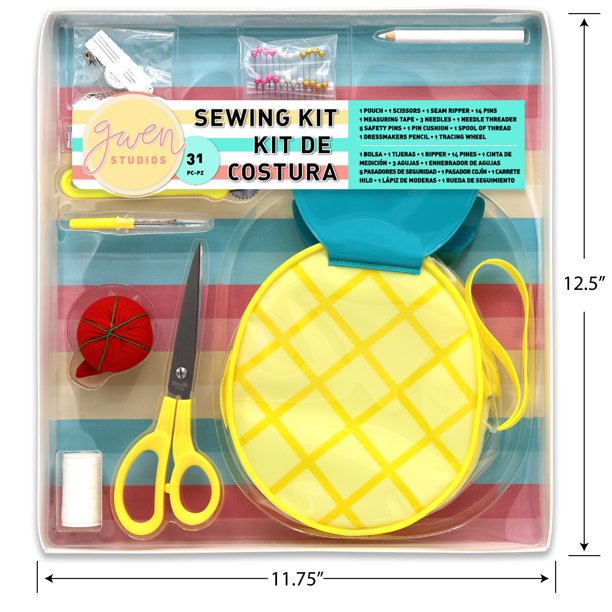 Gwen Studios Beginners and Travel Sewing Kit, Pineapple Zipper Pouch, 31Pc