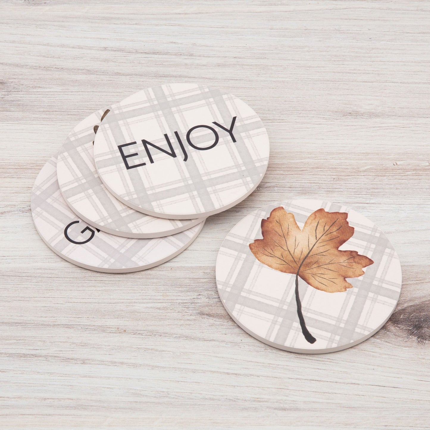 Way to Celebrate Round Drink Coasters, Ceramic, Leaves, 4-Pack, Multi-Color