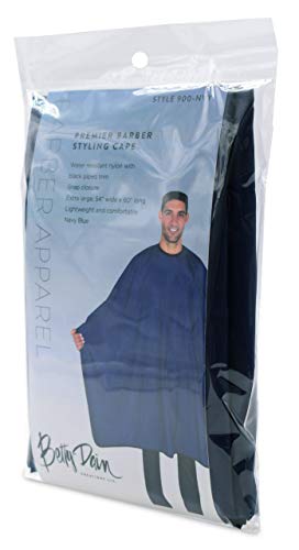 Betty Dain Premier Barber Cutting/Styling Cape, Black Trim Piping, High-end Look, Soft, Lightweight, Water Resistant Nylon, Repels Hair, Snap Closure at Neck, Generous 54 x 60 inch Size, Navy