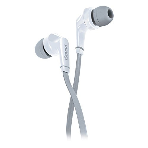 iSound EM 60 Earbuds with Big Bass Stereo Sound, Tangle Free Flat Cable, and Inline Microphone – White/Grey (DGHP-5726)