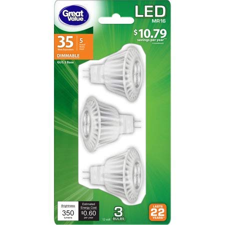 Great Value LED Dimmable MR16 (GU5.3) Light Bulbs, 5W (35W Equivalent), Soft White, 3-Pack