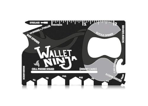 Wallet Ninja Multitool Card – 18 in 1 Credit Card Multi-Tool (Bottle Opener, Can Opener, Screwdrivers, Phone Stand & More) – Black