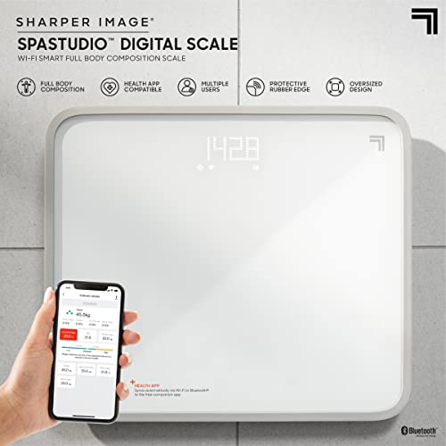 SHARPER IMAGE SPASTUDIO Digital WiFi Bathroom Scale, Oversized 12" x 14" Design, Companion App, Health & Fitness Tracker for Weight, Body Fat & BMI, Android & iOS Compatible, 8 User Health Profiles