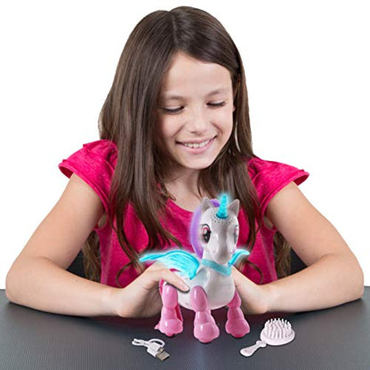 NKOK USB PetBotz - Robo Unicorn, Rechargeable, Miniature, Interactive pet Robot, Lights up, Sound Activated, Makes Noises on Command, Comes with Necklace and Hair Brush, USB Charger Included