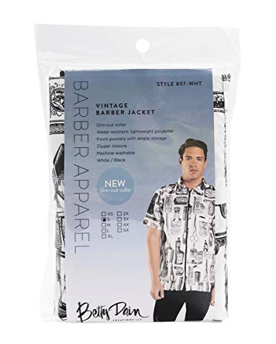 Betty Dain Vintage Print Barber Jacket, Throwback Style Illustrated Print, Machine Washable, Lightweight Water Resistant Polyester, Two Lower Pockets, One Chest Pocket, Zipper Front Closure, White