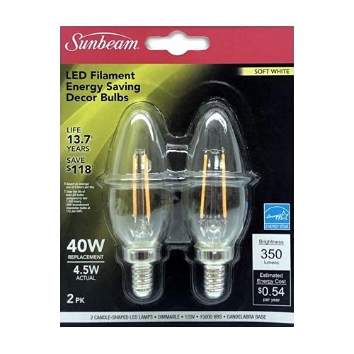 Sunbeam 4.5W Clear B10 Decorative LED Filament Light Bulbs (2 Pack)