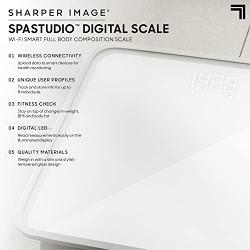 SHARPER IMAGE SPASTUDIO Digital WiFi Bathroom Scale, Oversized 12" x 14" Design, Companion App, Health & Fitness Tracker for Weight, Body Fat & BMI, Android & iOS Compatible, 8 User Health Profiles