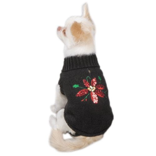 Zack & Zoey Acrylic Poinsettia Dog Sweater, XX-Small, Black