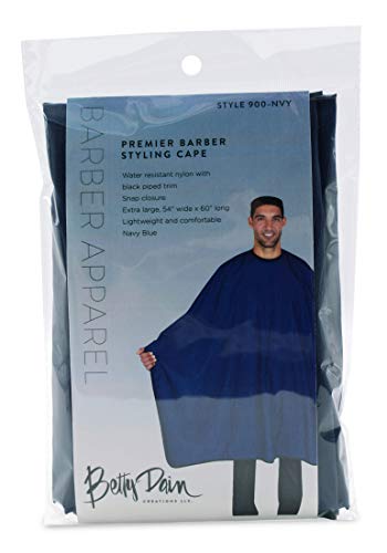 Betty Dain Premier Barber Cutting/Styling Cape, Black Trim Piping, High-end Look, Soft, Lightweight, Water Resistant Nylon, Repels Hair, Snap Closure at Neck, Generous 54 x 60 inch Size, Navy