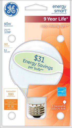 GE Lighting 47484 Energy Smart CFL 11-Watt (40-watt replacement) 500-Lumen G25 Light Bulb with Medium Base, 1-Pack