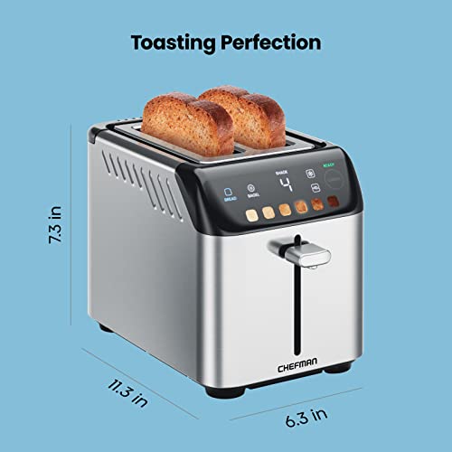 Chefman Smart Touch 2 Slice Digital Toaster, 6 Shade Settings, Stainless Steel Toaster 2 Slice with Extra-Wide Slots, Thick Bread Toaster and Bagel Toaster, +10, Defrost, Removable Crumb Tray