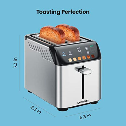 Chefman Smart Touch 2 Slice Digital Toaster, 6 Shade Settings, Stainless Steel Toaster 2 Slice with Extra-Wide Slots, Thick Bread Toaster and Bagel Toaster, +10, Defrost, Removable Crumb Tray