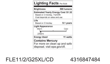 GE Lighting 47484 Energy Smart CFL 11-Watt (40-watt replacement) 500-Lumen G25 Light Bulb with Medium Base, 1-Pack