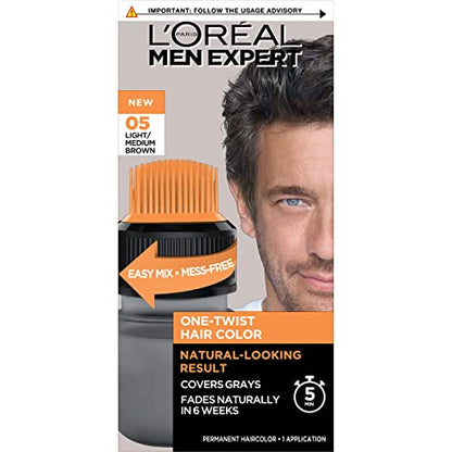 L’Oréal Paris Men Expert One Twist Mess Free Permanent Hair Color, Mens Hair Dye to Cover Grays, Easy Mix Ammonia Free Application, Light Medium Brown 05, 1 Application Kit