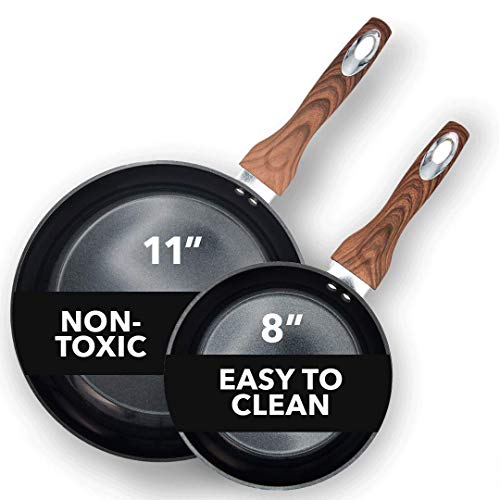 Phantom Chef 8” and 11" Frying Pan Set | Pure Aluminum Nonstick Frying Pan Set With Easy Clean Ceramic Coating | Soft Touch Stay Cool Handle | PTFE PFOA Lead and Cadmium Free Fry Pan | 2 Piece | Black