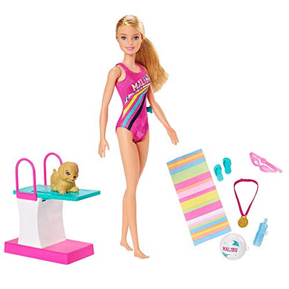 Barbie Dreamhouse Adventures Swim 'n Dive Doll, 11.5-Inch, in Swimwear, with Swimming Feature, Diving Board and Puppy, Gift for 3 to 7 Year Olds