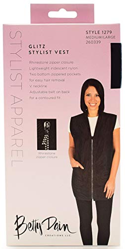 Betty Dain Glitz Rhinestone Zipper Salon Stylist Vest, Rhinestone Closure and Iridescent Fabric, V-Neckline, Adjustable Belt, Pockets with Zippered Bottoms, Water Resistant Lightweight, Black, L